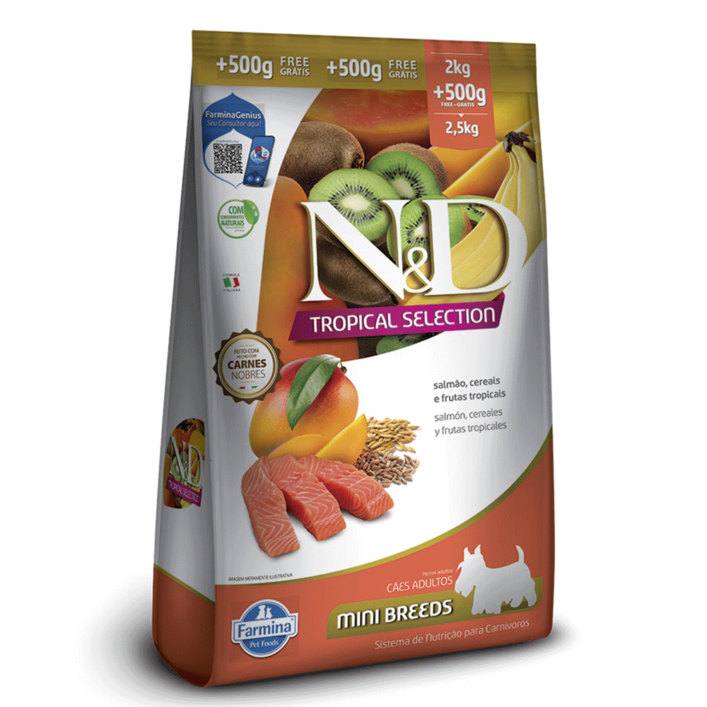 Ração N&D Tropical Selection Cães Adultos Mini Salmão 2 kg + 500g Grátis